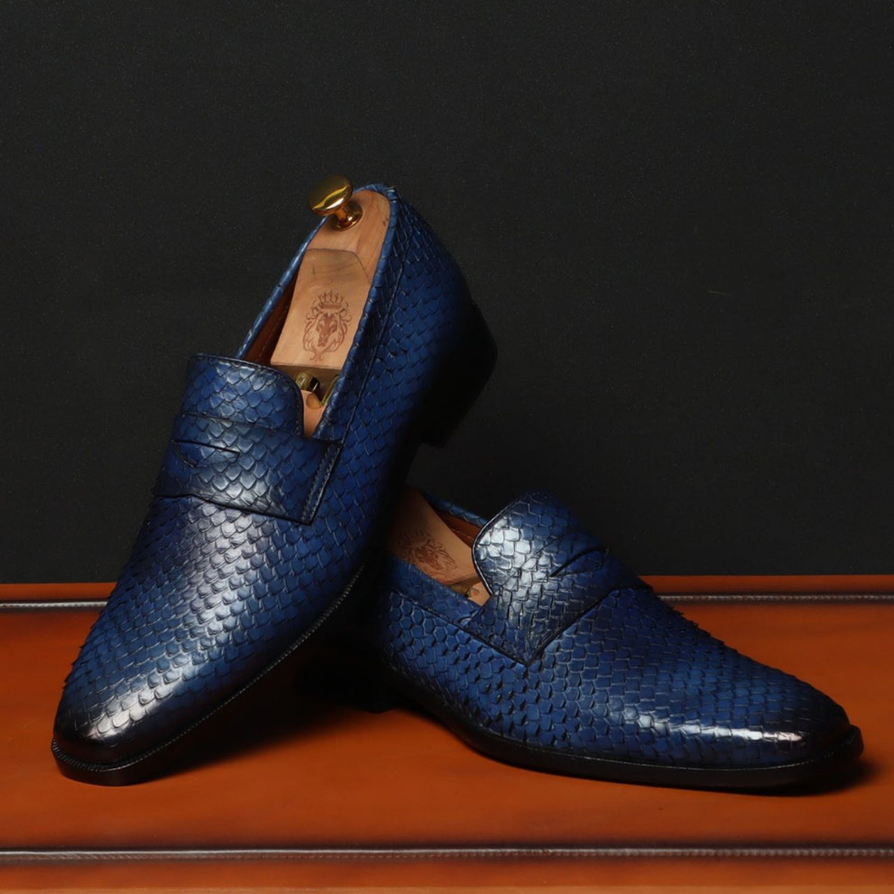 Handmade Snake Skin Textured Loafers In Blue Leather