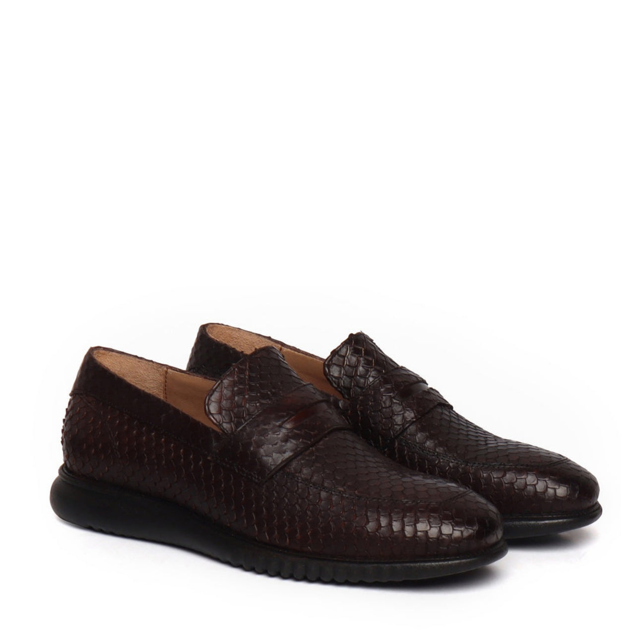 Handmade Brown Leather Loafer With Snake Skin Textured