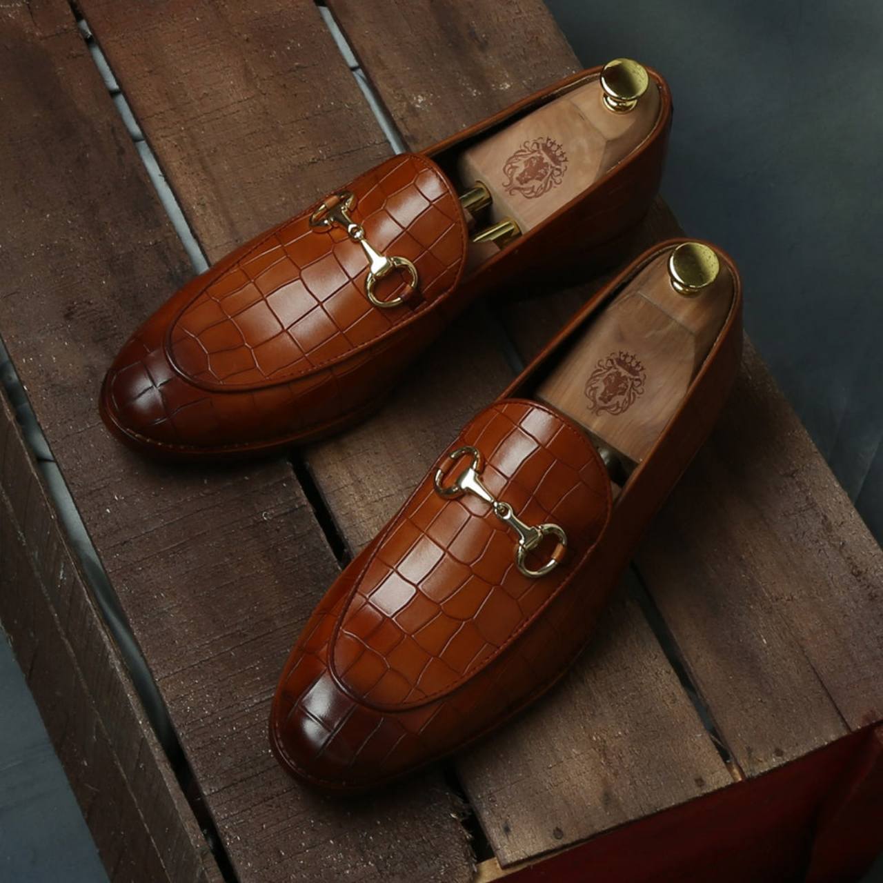 Tan Croco Textured  Leather Loafers