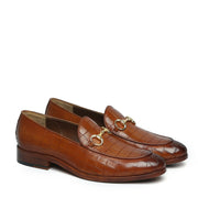 Tan Croco Textured  Leather Loafers