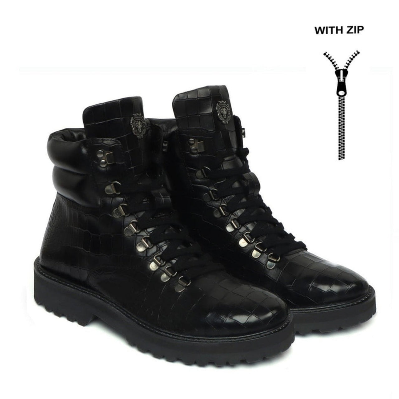 HANDMADE BIKER BOOTS IN BLACK DEEP CUT CROCO TEXTURED LEATHER WITH ZIPPER CLOSURE