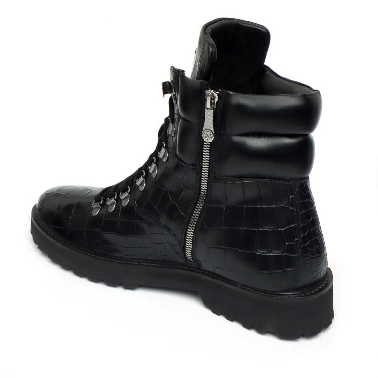 HANDMADE BIKER BOOTS IN BLACK DEEP CUT CROCO TEXTURED LEATHER WITH ZIPPER CLOSURE