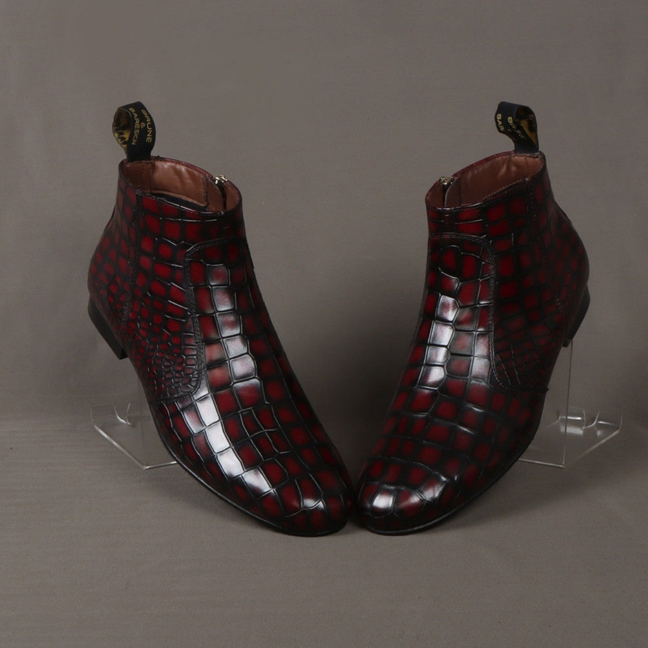 Handmade Smokey Wine High Ankle Boots In Croco Leather