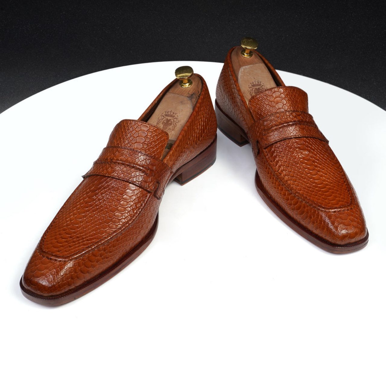 Handmade Snake Textured Tan Loafers