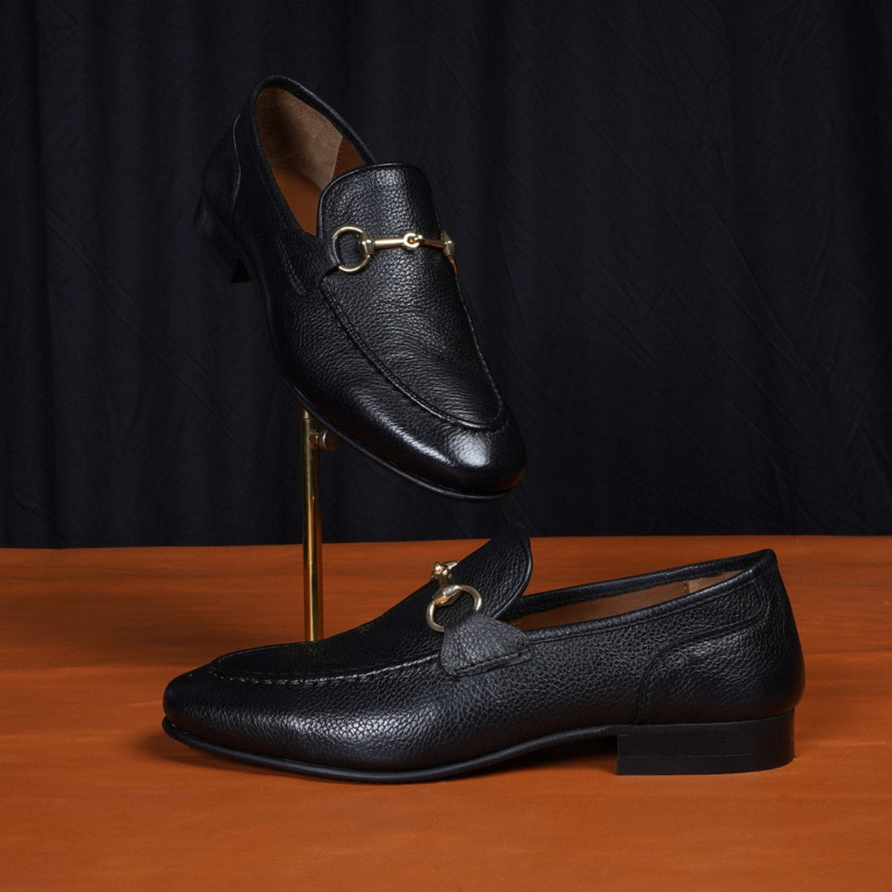 Handmade Loafers In Black Textured Leather