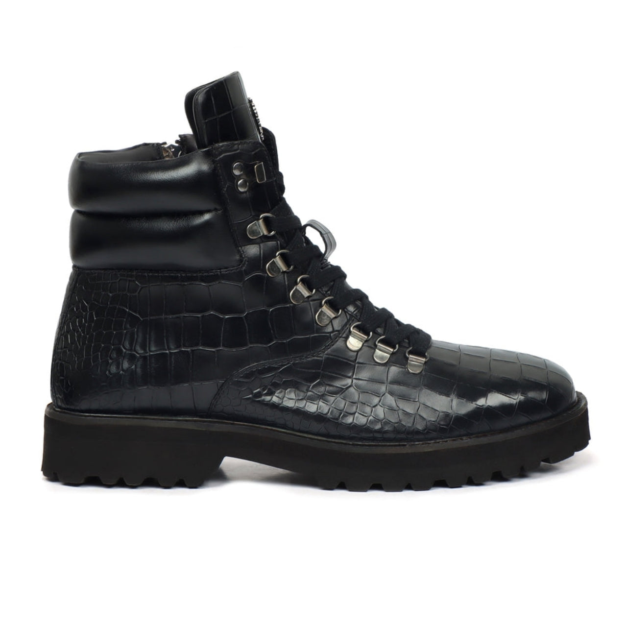HANDMADE BIKER BOOTS IN BLACK DEEP CUT CROCO TEXTURED LEATHER WITH ZIPPER CLOSURE