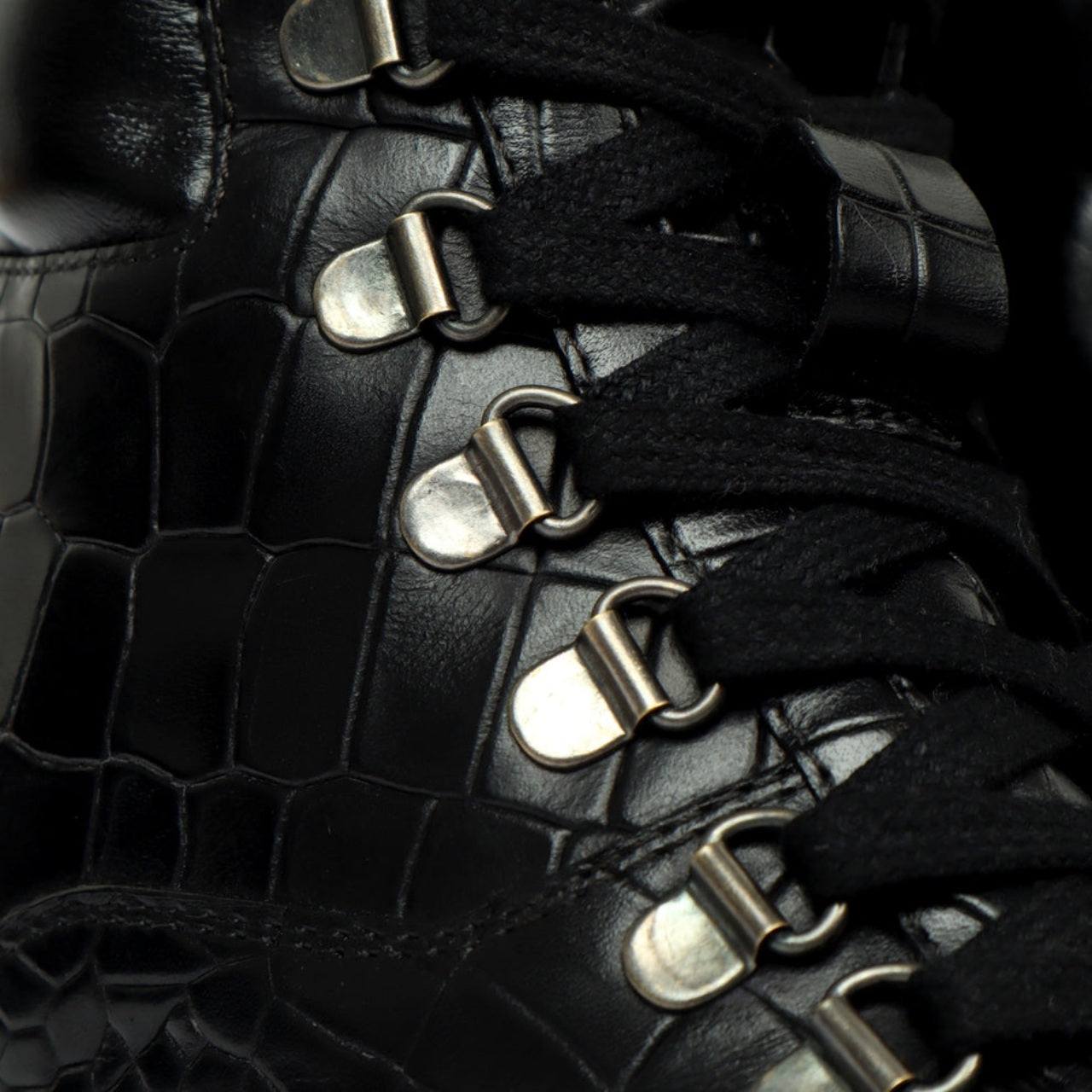 HANDMADE BIKER BOOTS IN BLACK DEEP CUT CROCO TEXTURED LEATHER WITH ZIPPER CLOSURE