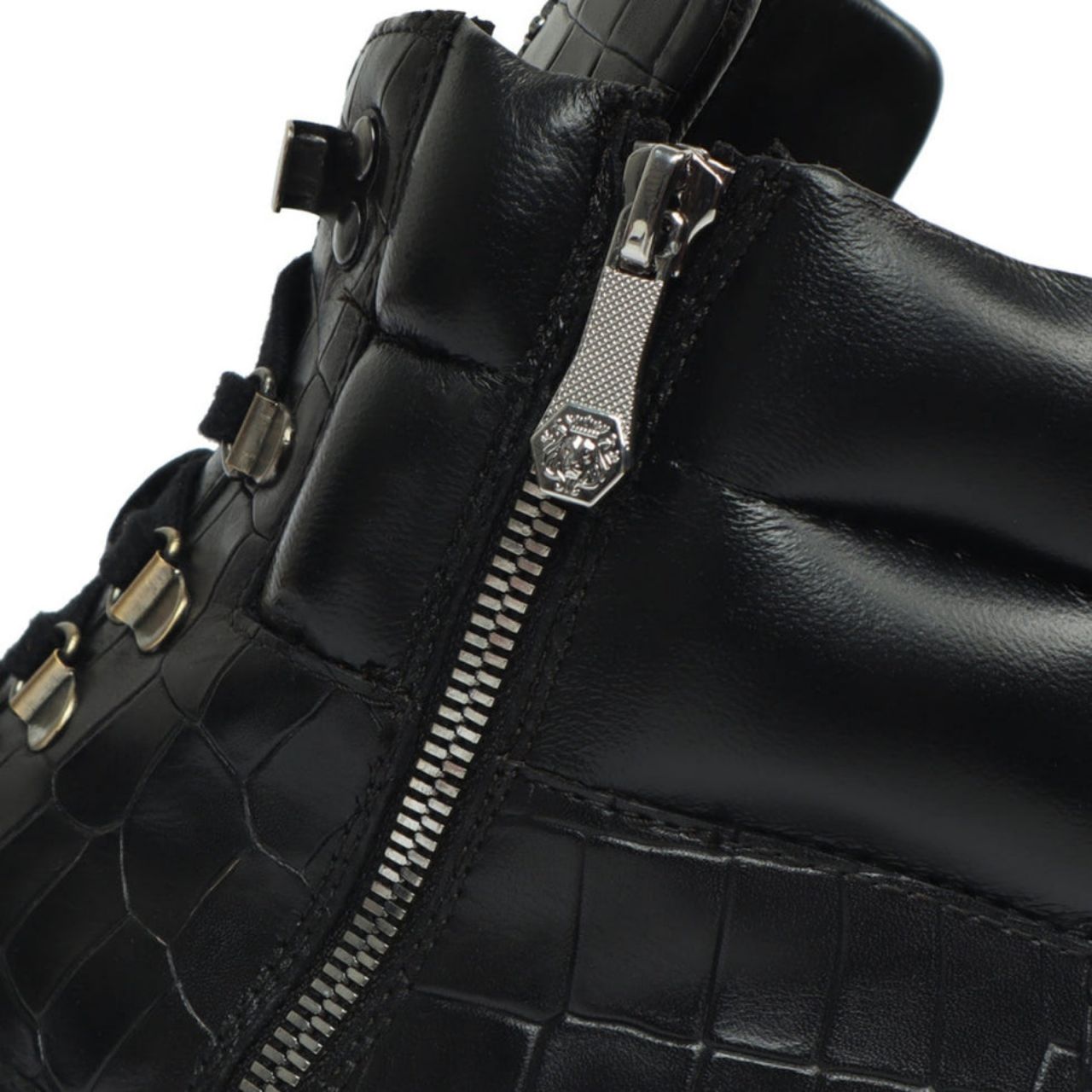HANDMADE BIKER BOOTS IN BLACK DEEP CUT CROCO TEXTURED LEATHER WITH ZIPPER CLOSURE