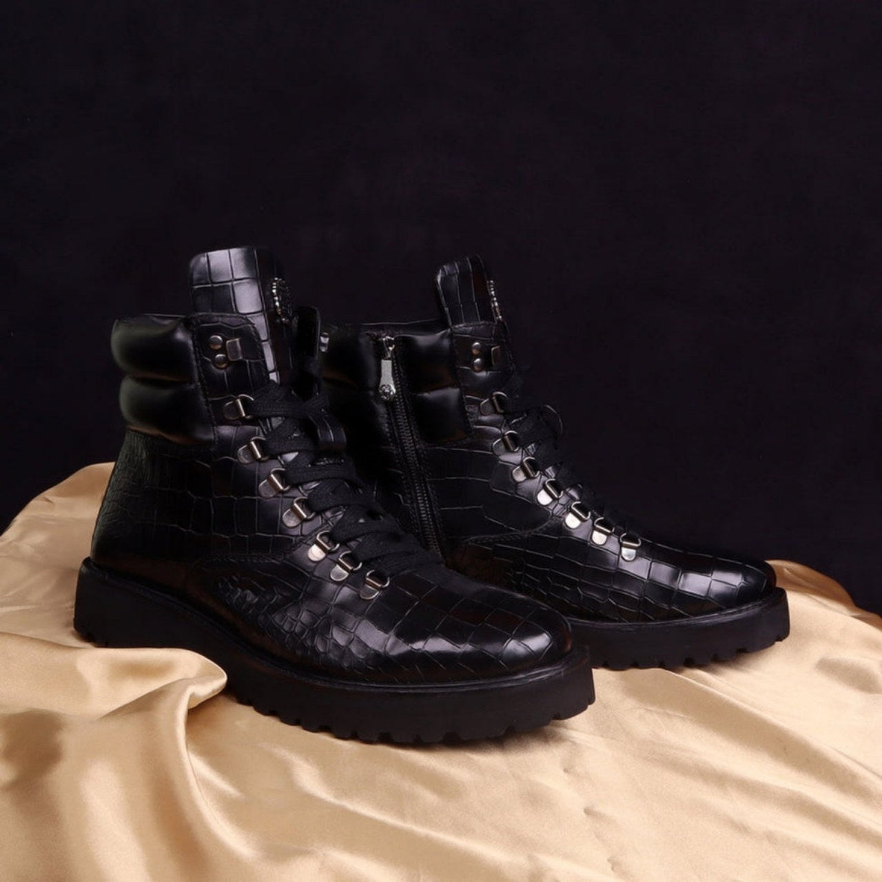 HANDMADE BIKER BOOTS IN BLACK DEEP CUT CROCO TEXTURED LEATHER WITH ZIPPER CLOSURE