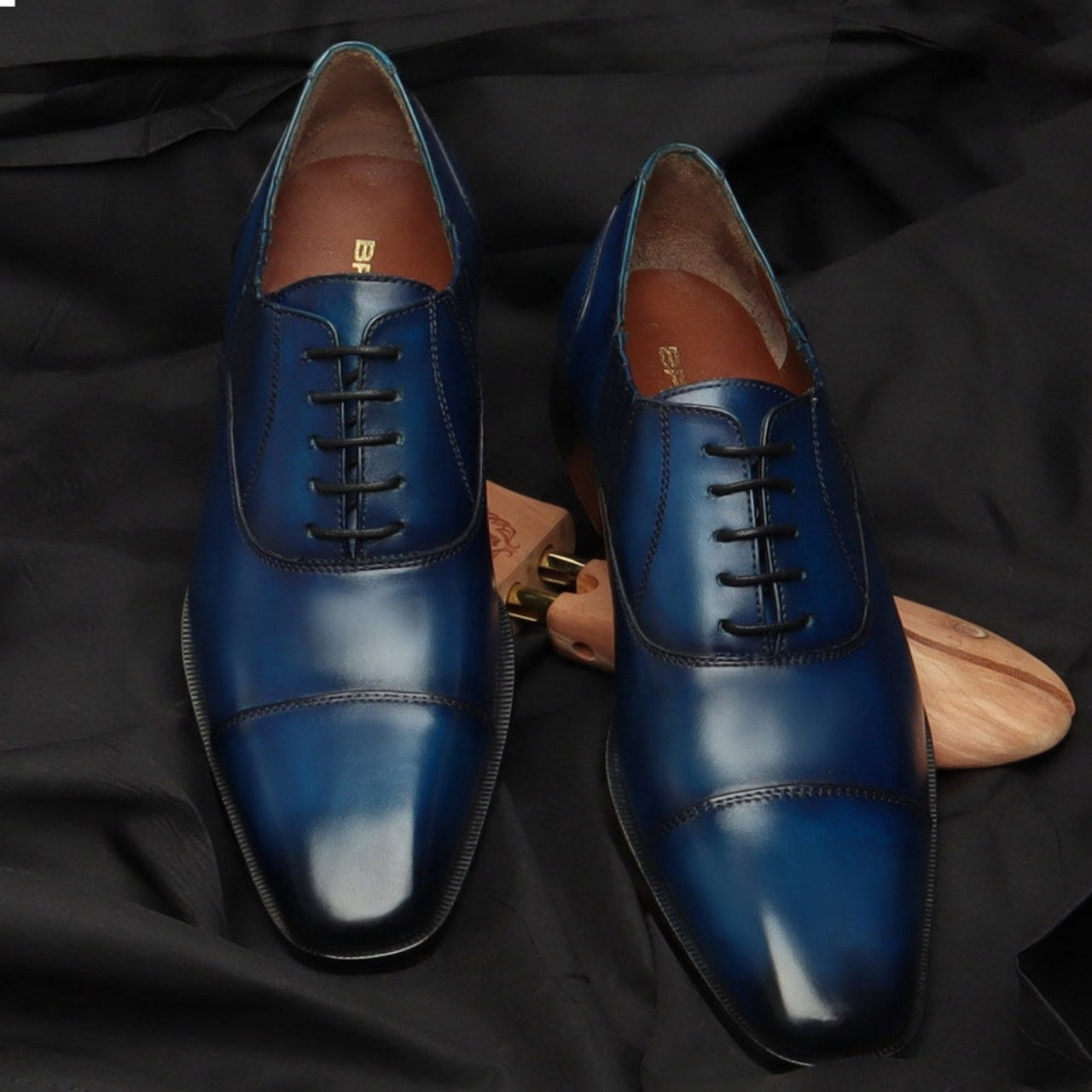 Handmade Blue Leather Side Elastic Lazy Men Oxford