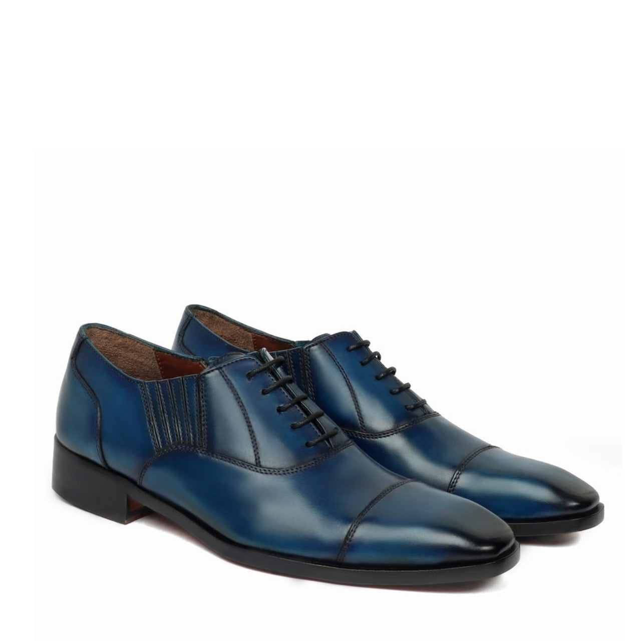 Handmade Blue Leather Side Elastic Lazy Men Oxford