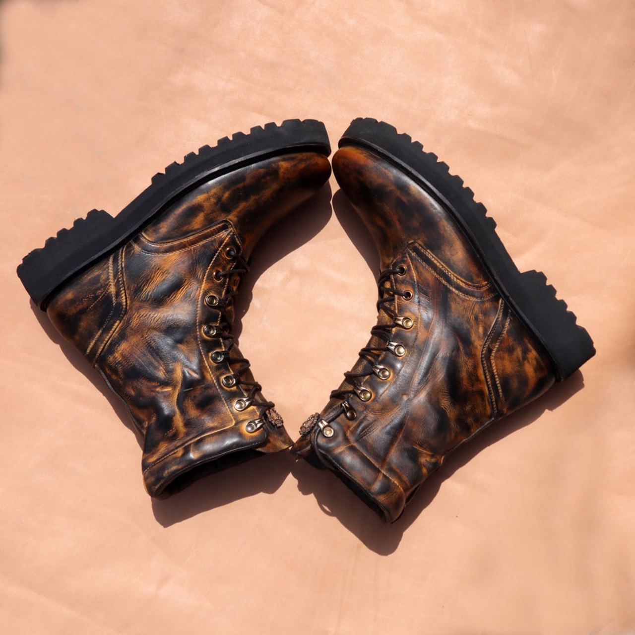 Handmade High Ankle Textured Dark Brown Leather Boots