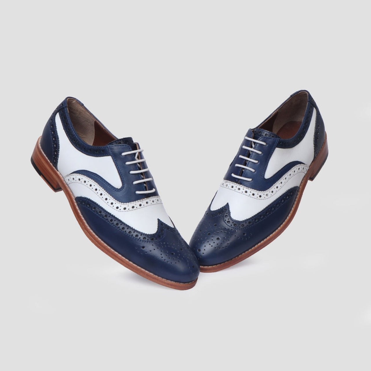 Handmade Mens Chic Dual Tone White Blue Genuine Leather Brogue Oxford