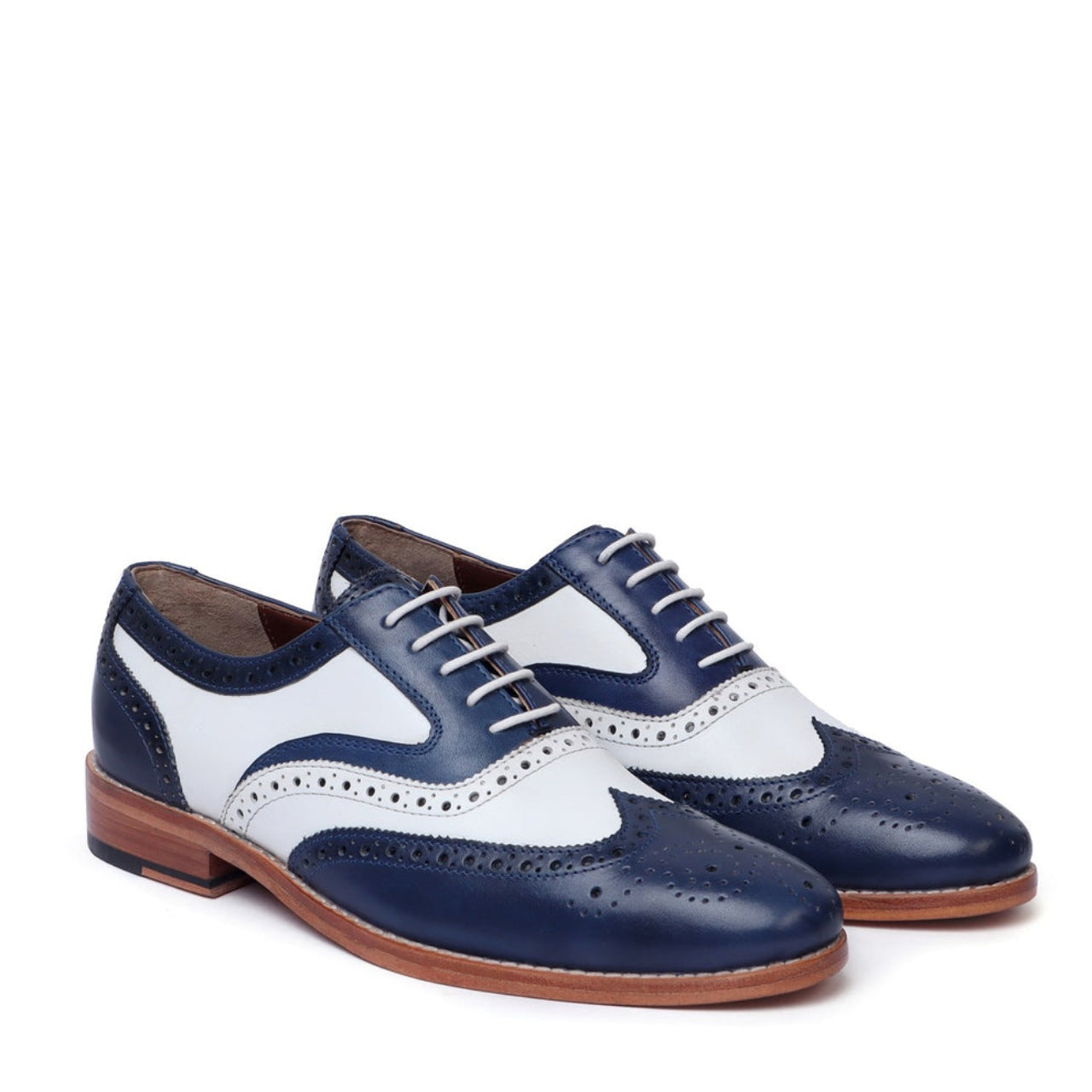 Handmade Mens Chic Dual Tone White Blue Genuine Leather Brogue Oxford
