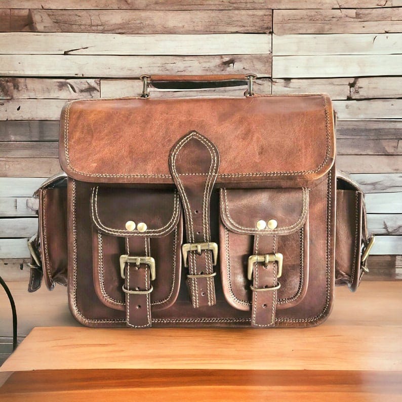 11*15 Inch Double Pocket Handcrafted Vintage Messenger Goat Leather Bag For Men  100% Genuine Leather