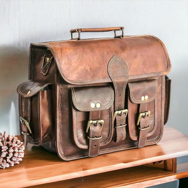 11*15 Inch Double Pocket Handcrafted Vintage Messenger Goat Leather Bag For Men | 100% Genuine Leather