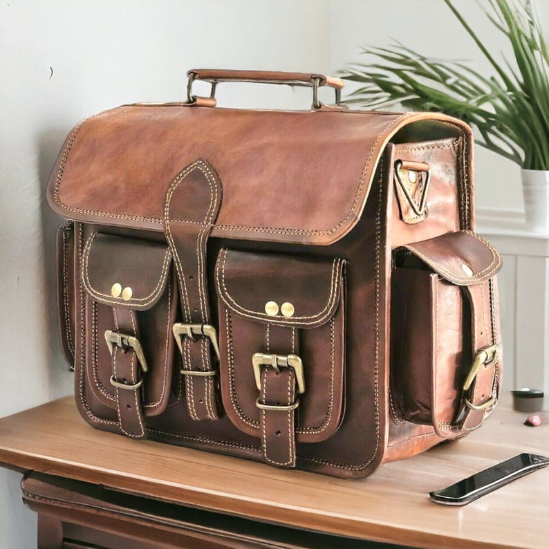 11*15 Inch Double Pocket Handcrafted Vintage Messenger Goat Leather Bag For Men  100% Genuine Leather