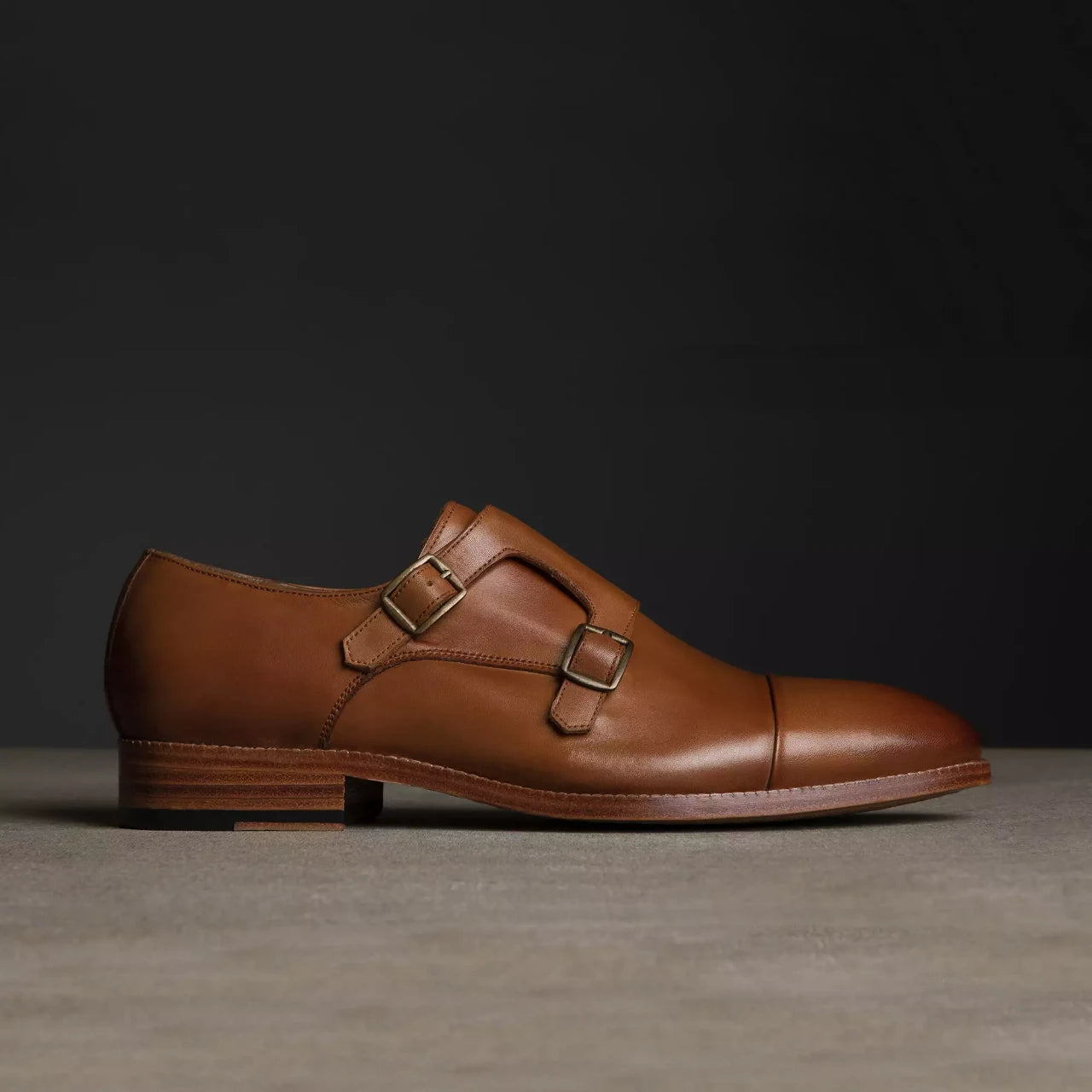 Handmade Double Monk Tan Leather Shoes