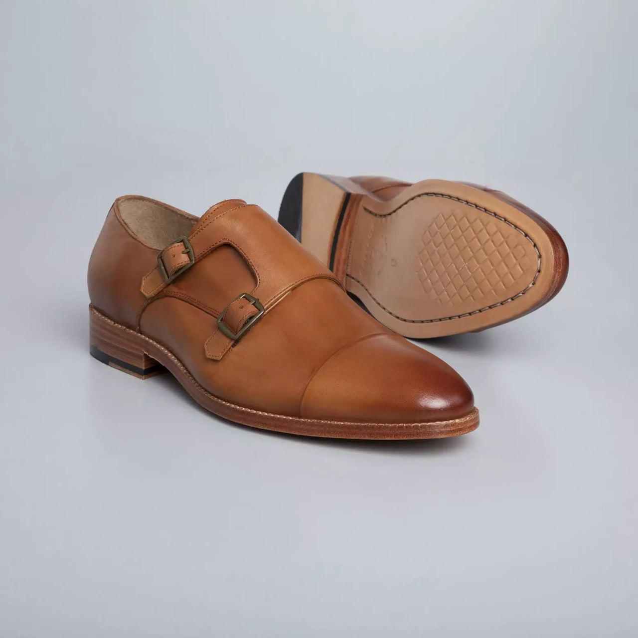 Handmade Double Monk Tan Leather Shoes