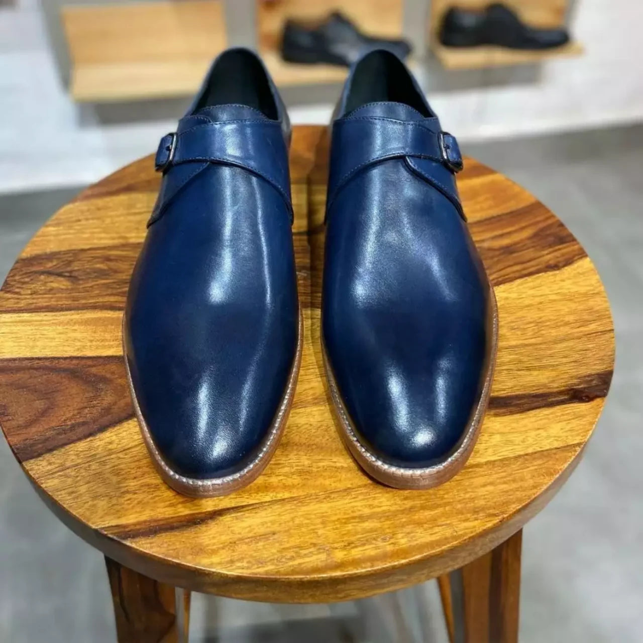 Goodyear Welted  Single Monk Strap Navy Leather Shoes