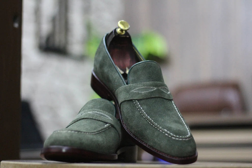 Handmade Men's Olive Green Suede Toe Penny Loafers For Men