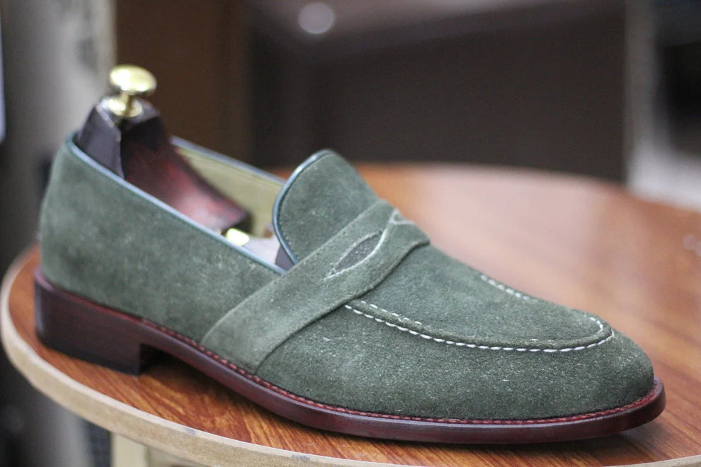 Handmade Men's Olive Green Suede Toe Penny Loafers For Men