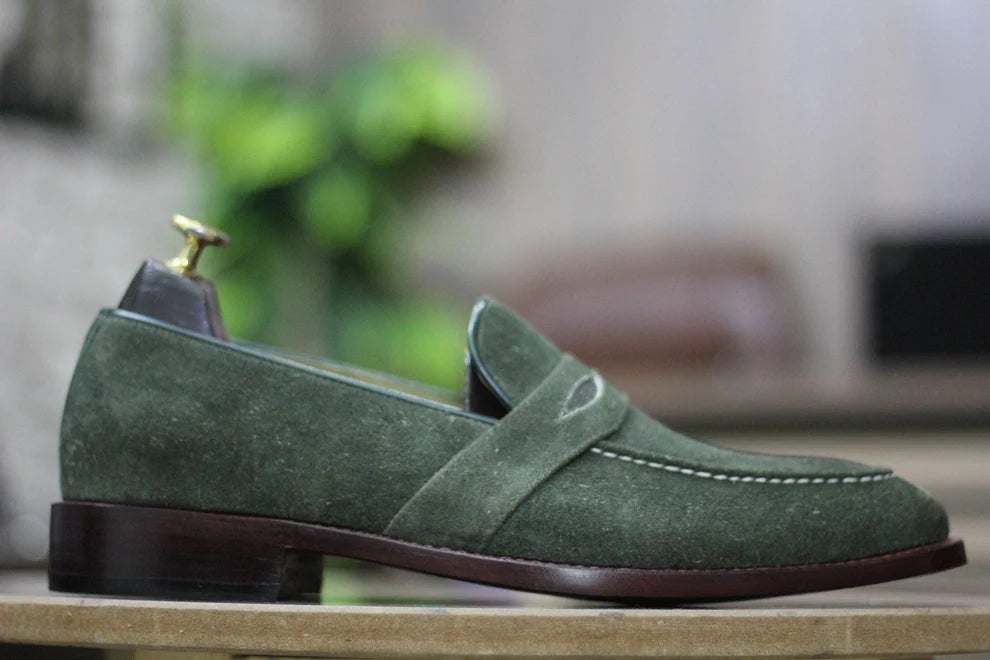 Handmade Men's Olive Green Suede Toe Penny Loafers For Men