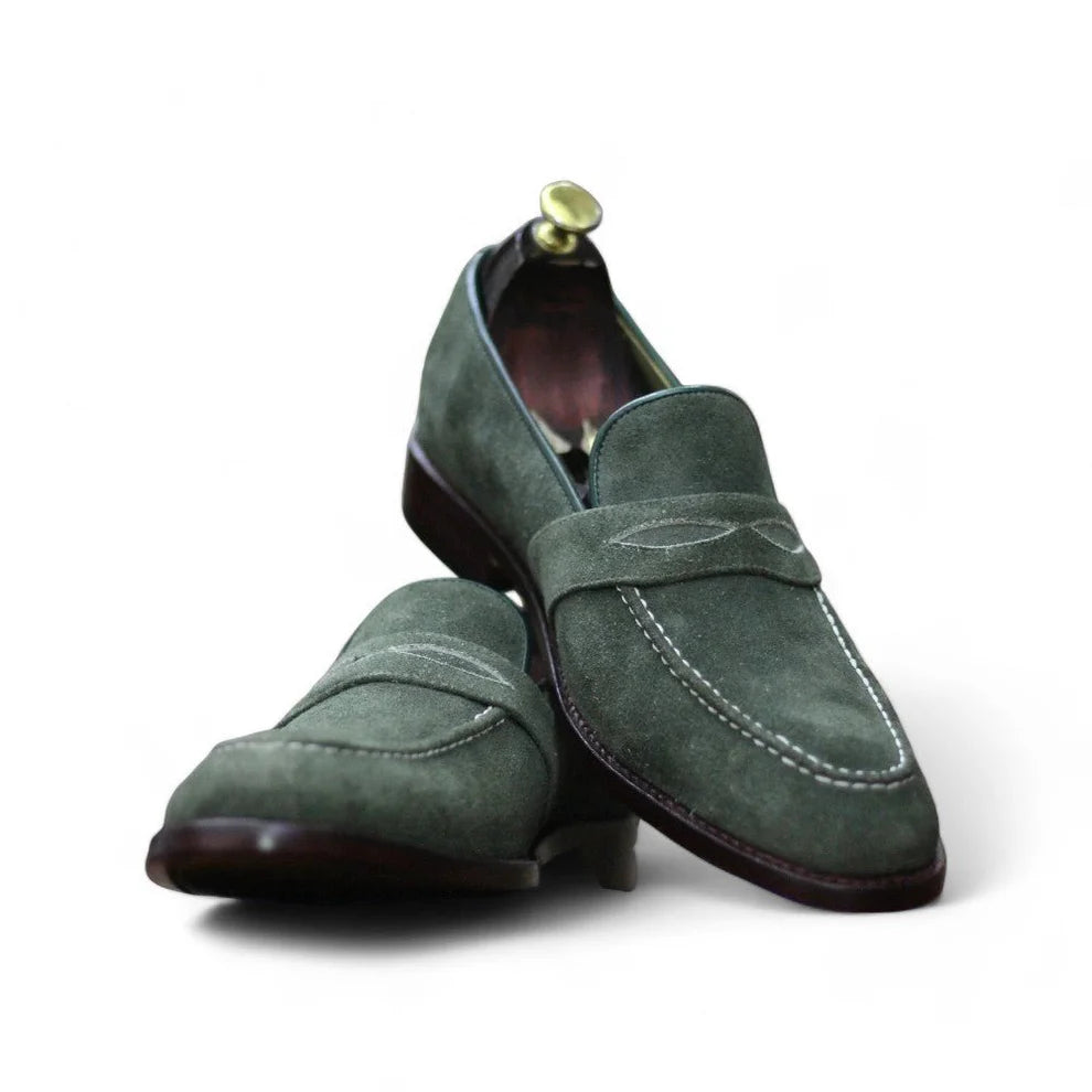 Handmade Men's Olive Green Suede Toe Penny Loafers For Men
