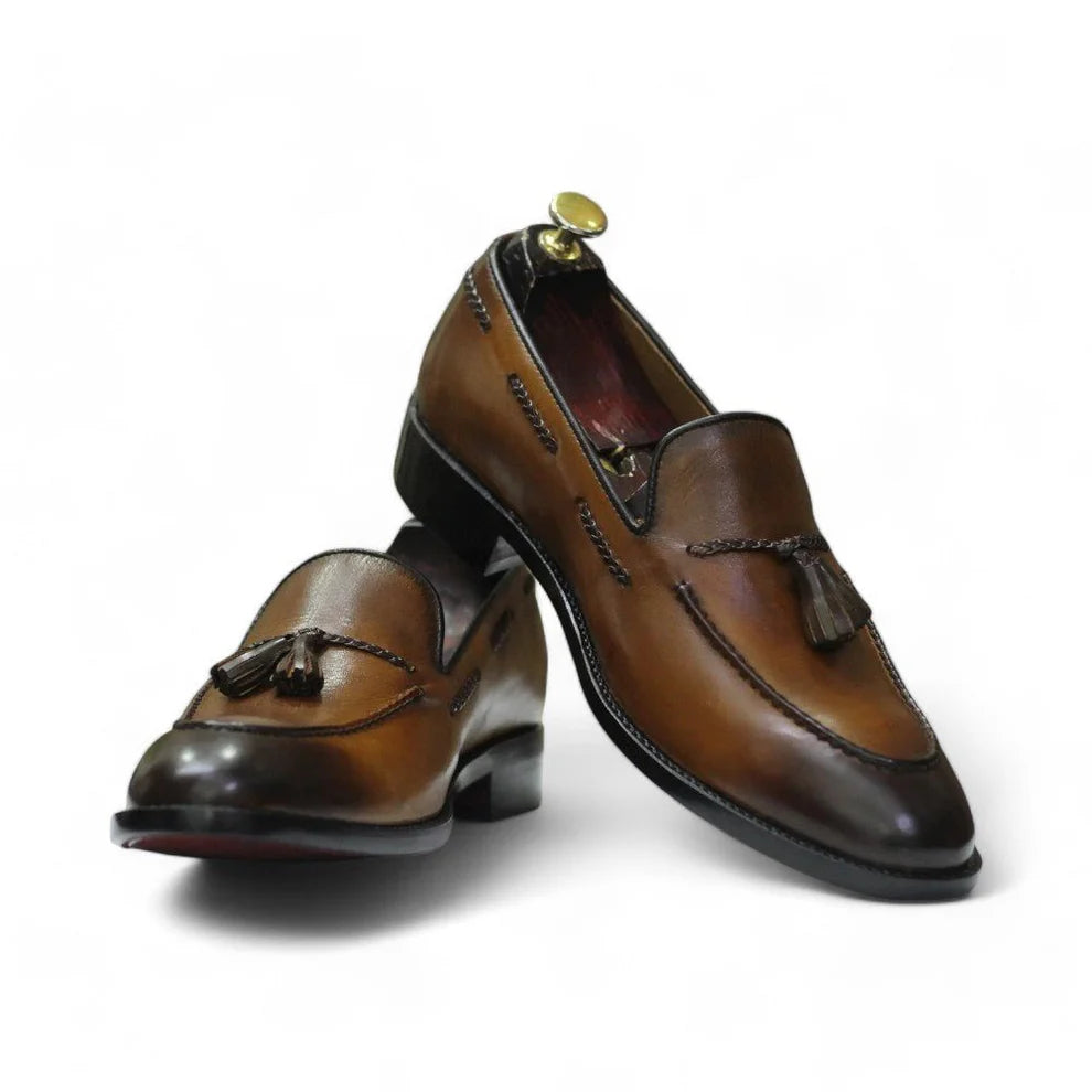 Handmade Tussle Loafer Shoes, Leather Dark Brown Loafers For Men's