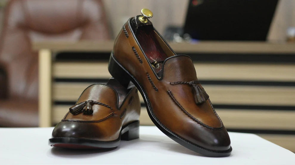 Handmade Tussle Loafer Shoes, Leather Dark Brown Loafers For Men's