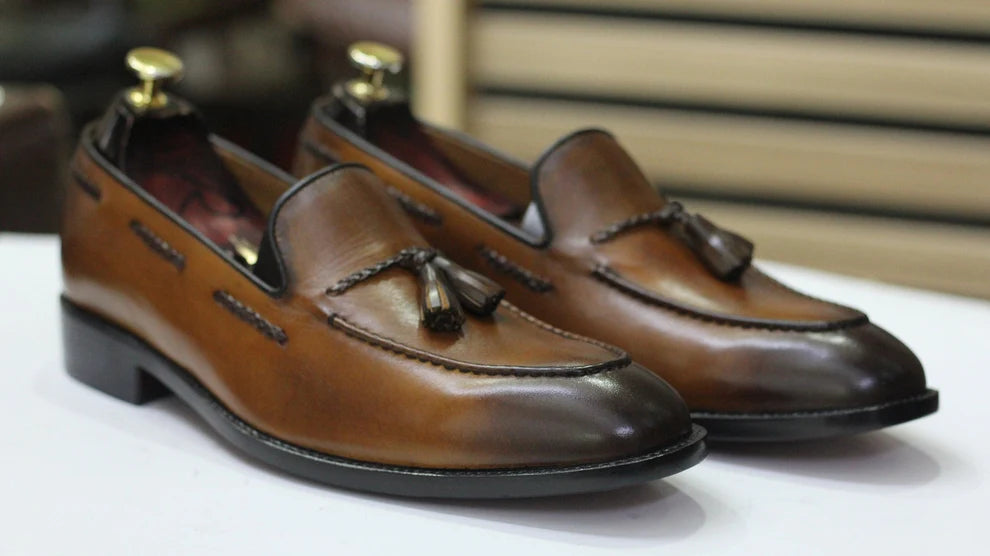 Handmade Tussle Loafer Shoes, Leather Dark Brown Loafers For Men's
