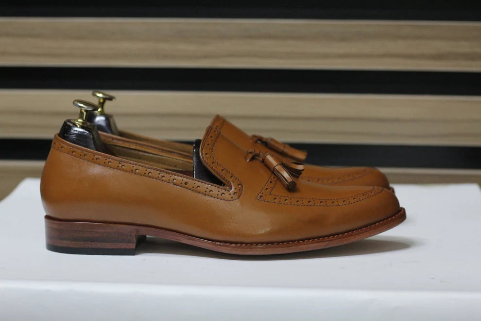 Handmade Tussle Loafers, Leather Brown Loafers For Men's
