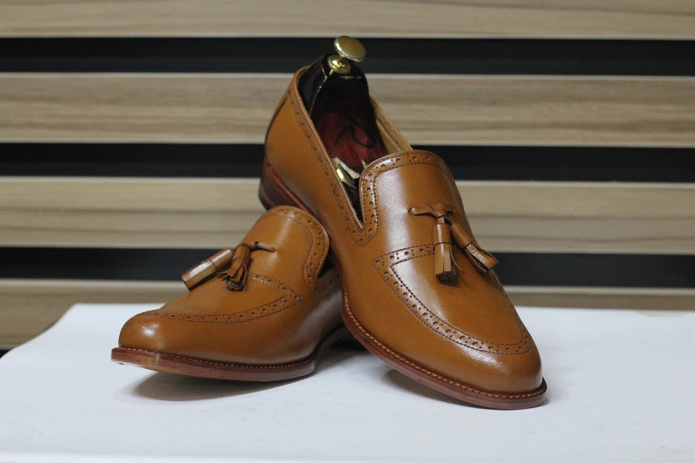 Handmade Tussle Loafers, Leather Brown Loafers For Men's