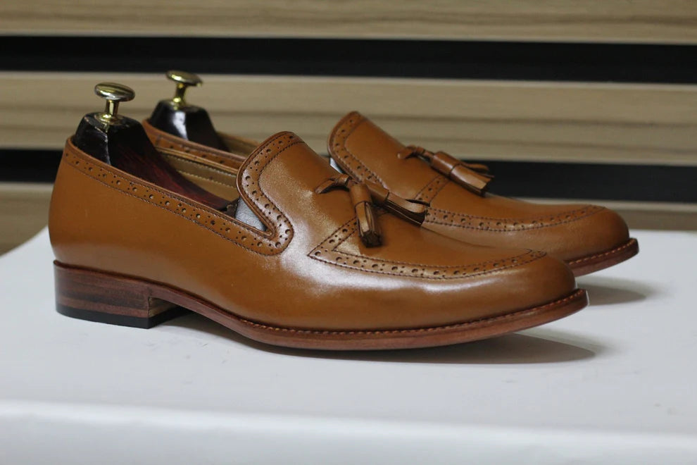 Handmade Tussle Loafers, Leather Brown Loafers For Men's