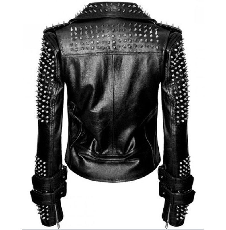 Handmade Women Black Punk Silver Spiked Studded Leather Biker Jacket