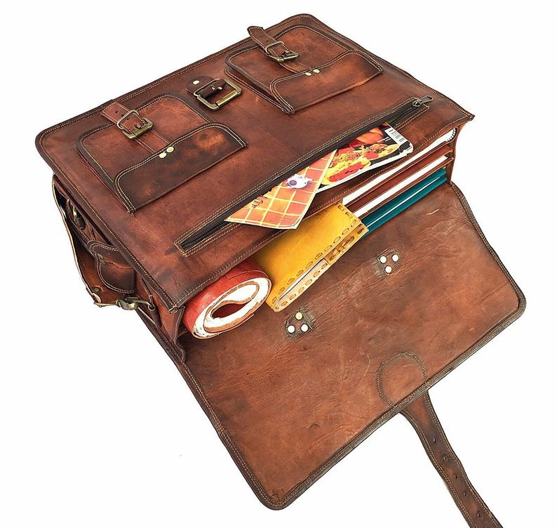 11*15 Inch Double Pocket Handcrafted Vintage Messenger Goat Leather Bag For Men  100% Genuine Leather