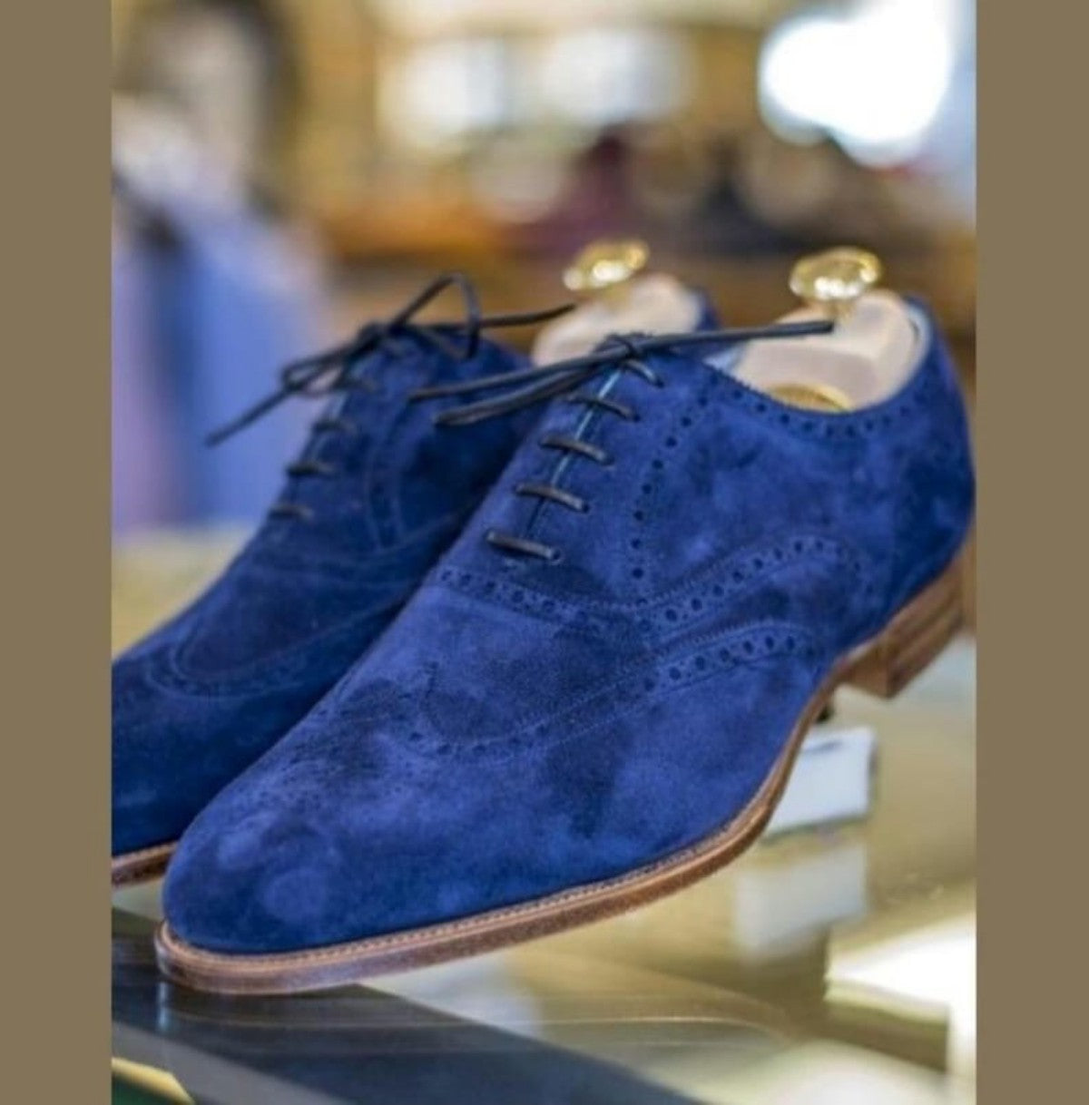 Handmade Mens Brogue Blue Suede Shoes, Men Wingtip Suede Blue Party Shoes