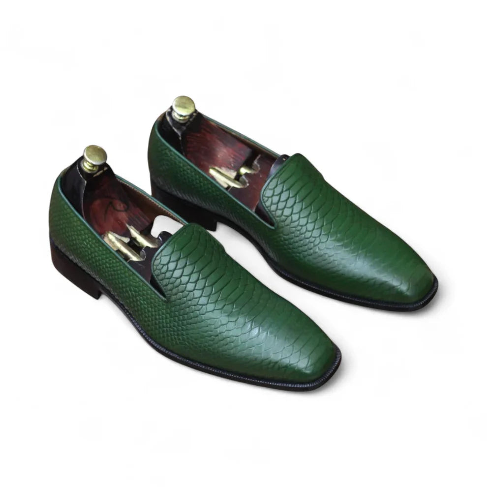 Green Python Texture Leather Loafers