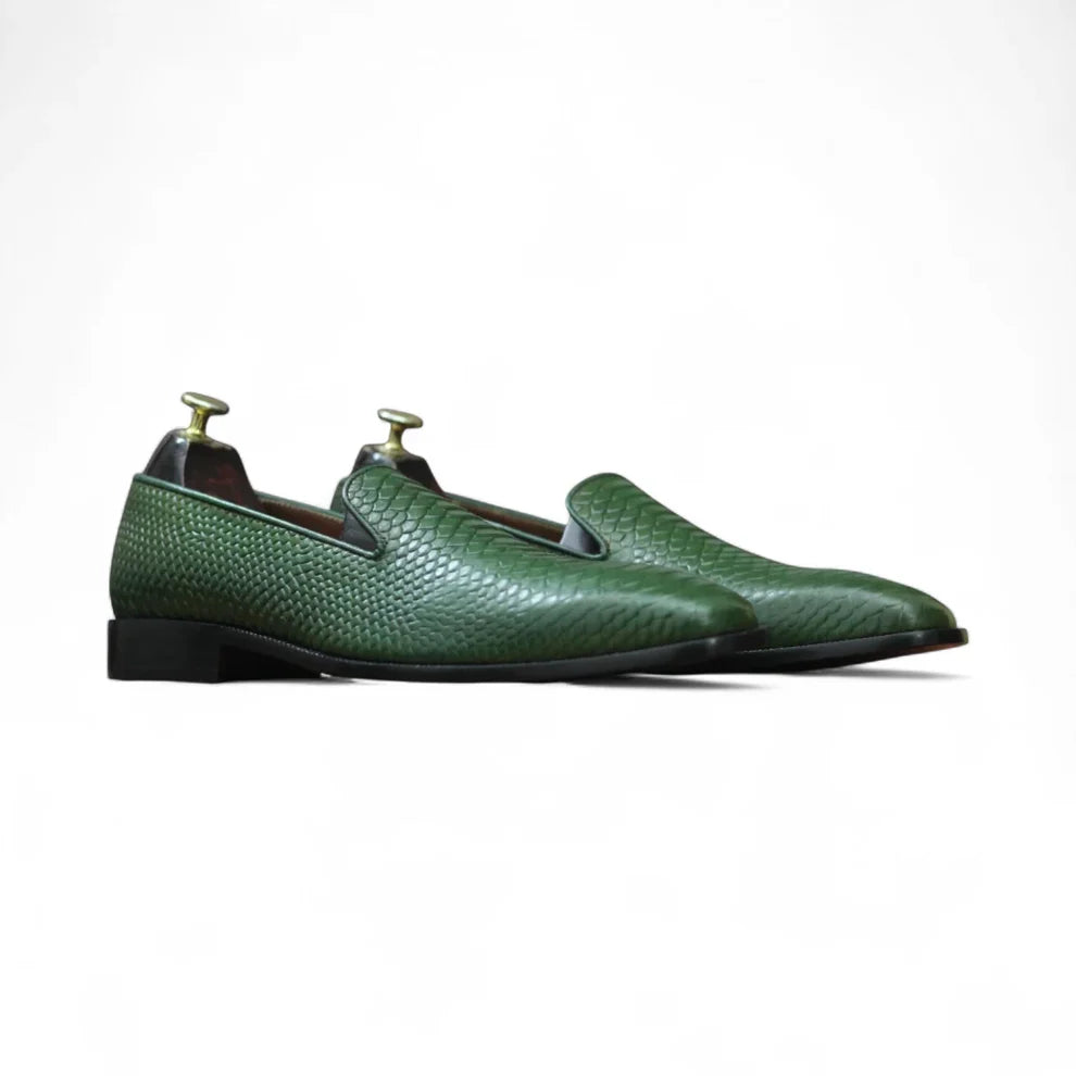 Green Python Texture Leather Loafers