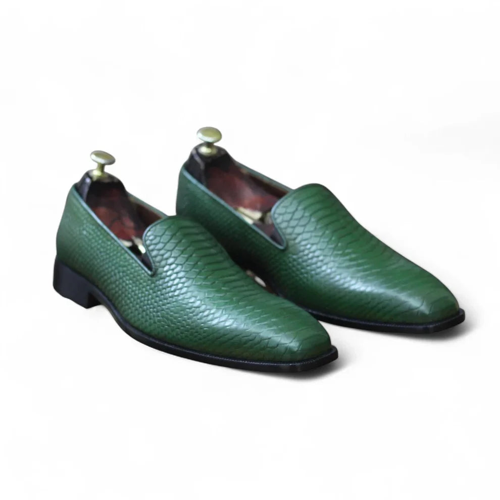 Green Python Texture Leather Loafers