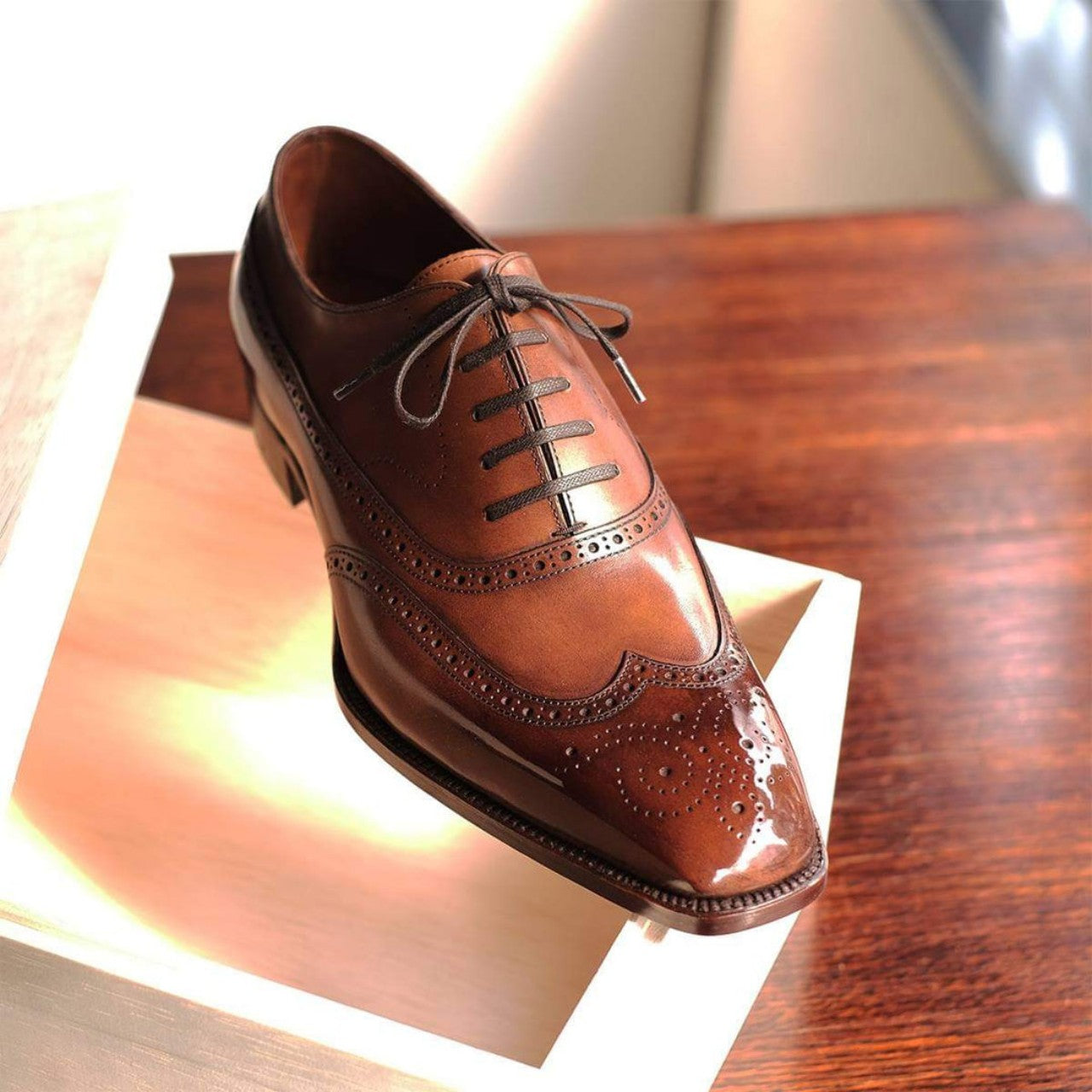 TAN LEATHER CEDRIA BROGUE WINGTIP OXFORDS  FORMAL SHOE