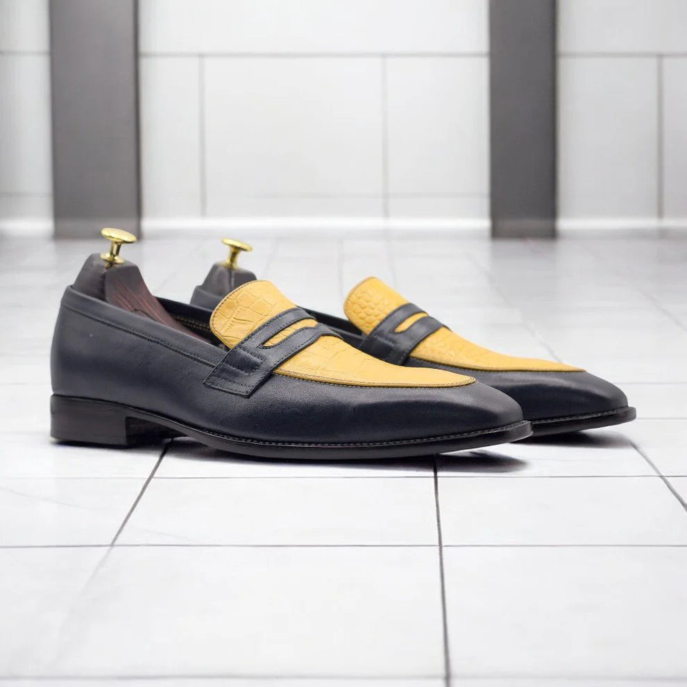 Men Handmade Yellow Black Loafers Alligator Leather Shoes