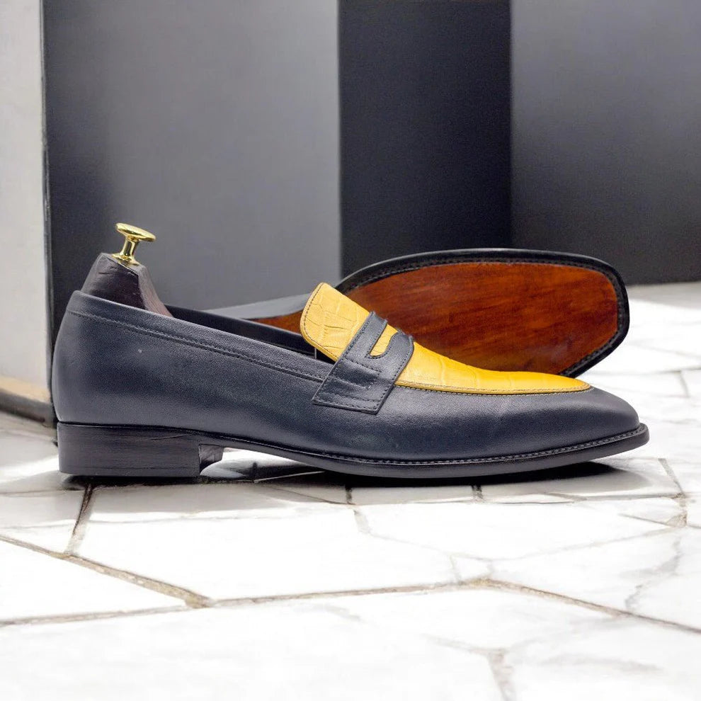 Men Handmade Yellow Black Loafers Alligator Leather Shoes