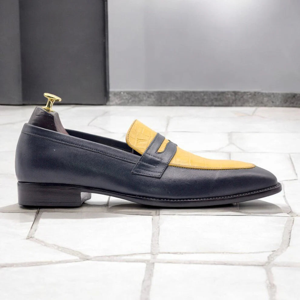 Men Handmade Yellow Black Loafers Alligator Leather Shoes