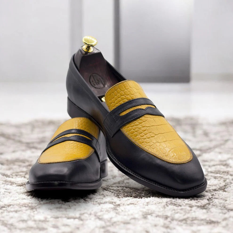 Men Handmade Yellow Black Loafers Alligator Leather Shoes