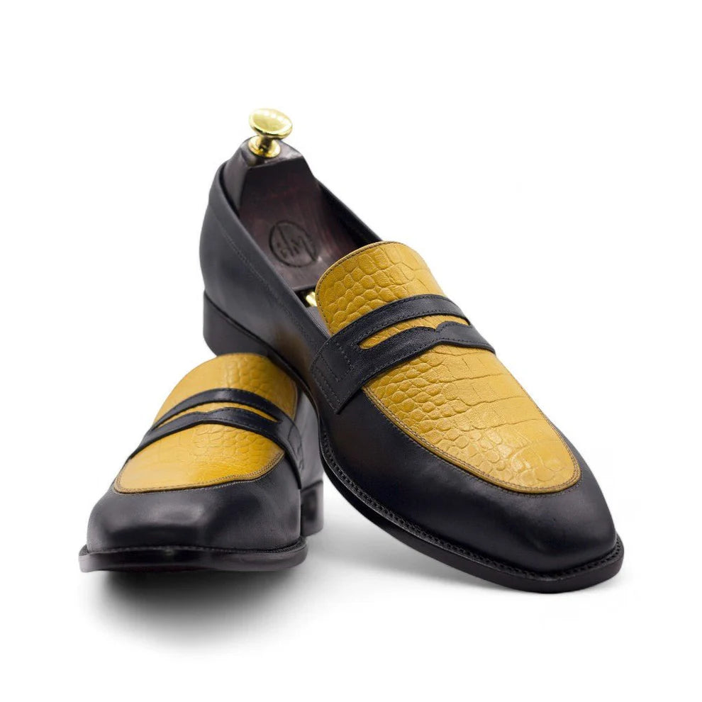 Men Handmade Yellow Black Loafers Alligator Leather Shoes