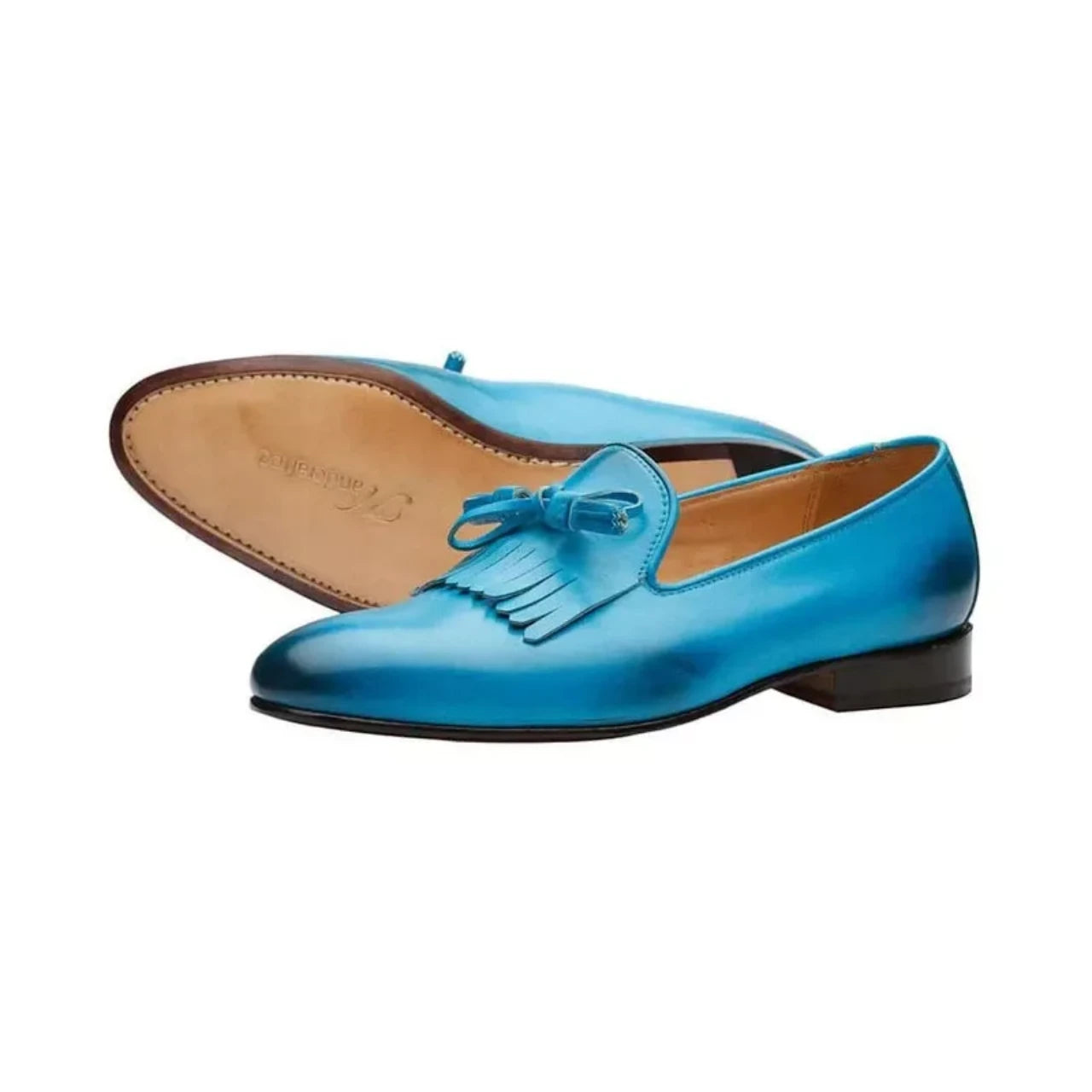 Totally Handmade Blue Fringe Kiltie Tassel Loafers Shoe for Mens