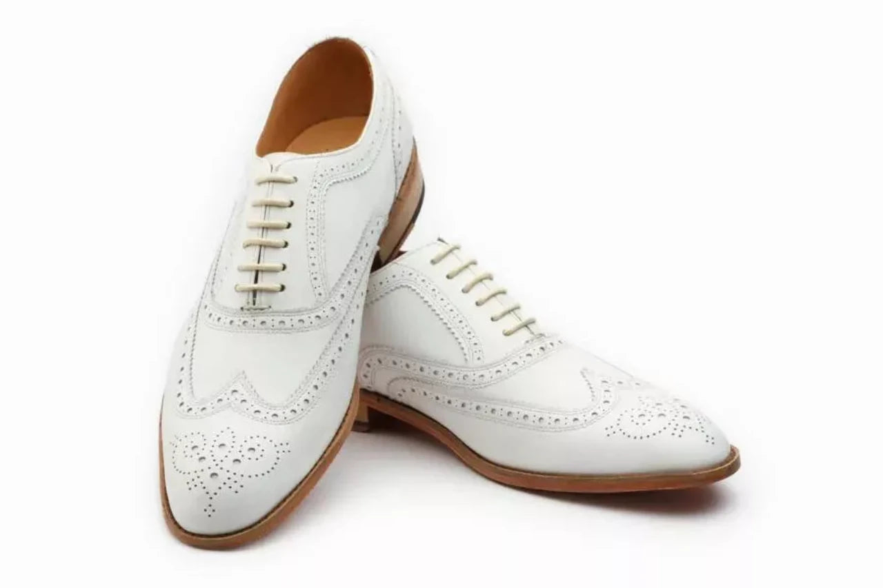 White Brogue Handmade Leather Mens Dress Shoes Classic Bussiness
