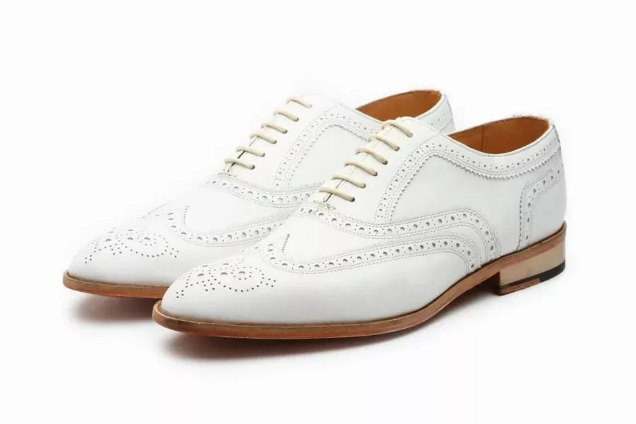 White Brogue Handmade Leather Mens Dress Shoes Classic Bussiness