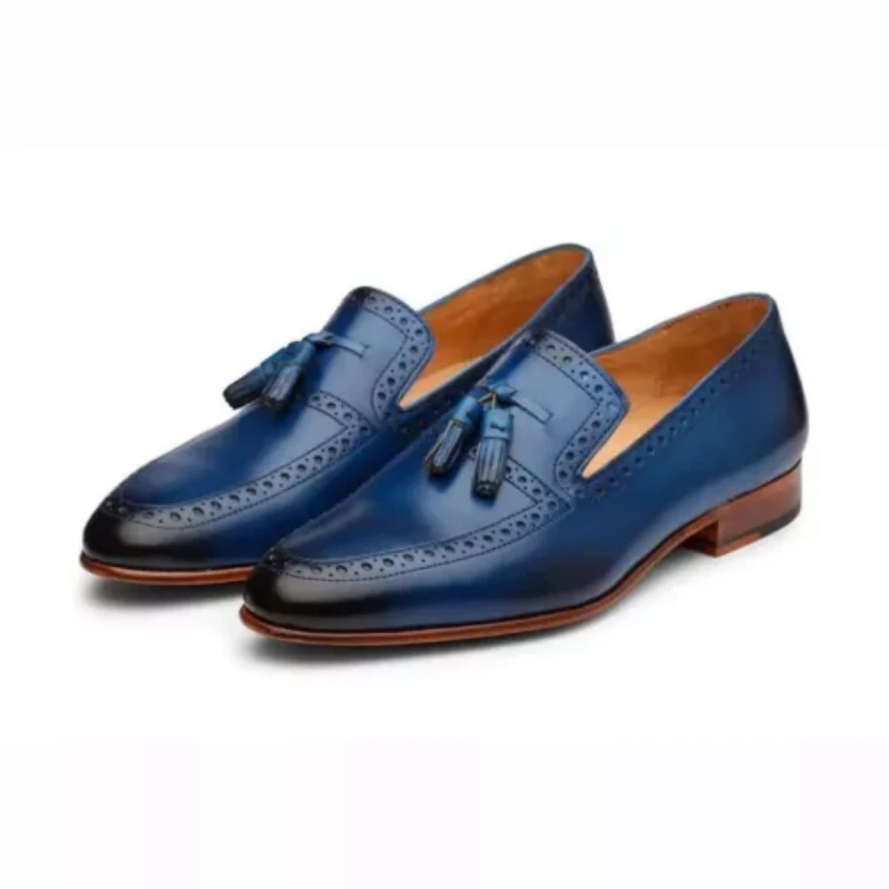 Totally Handmade Blue Punched Tassel Loafer Shoes for Mens.
